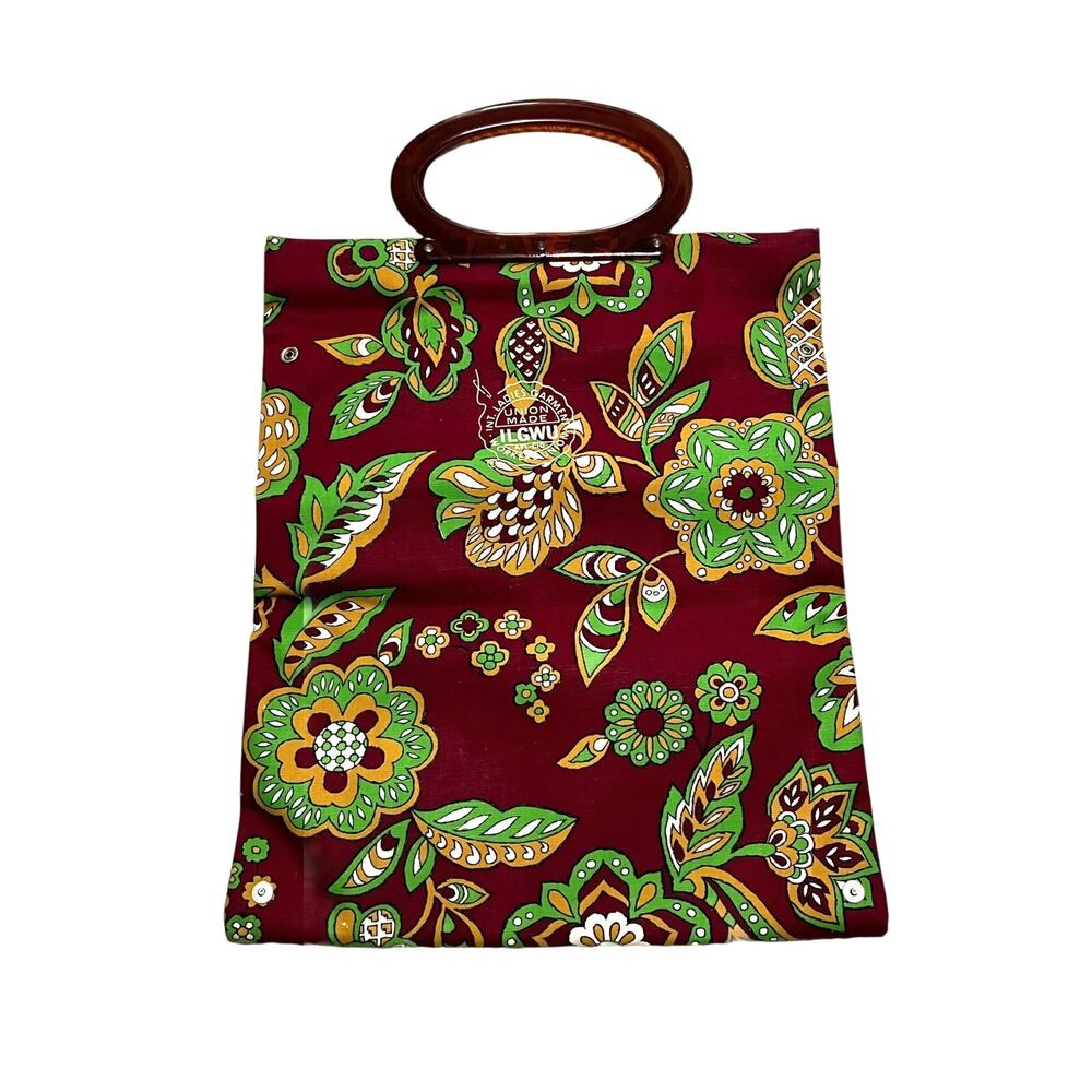 Floral Expandable Handbag 1960s Ladys Pride Red Green Union Made Plastic Handles